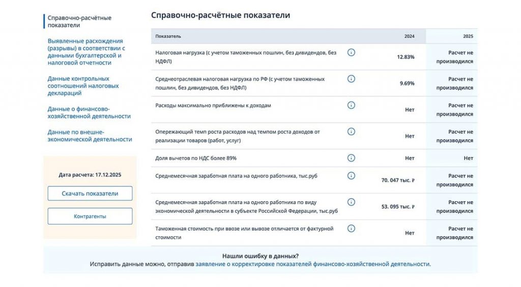 Примерный вид отчета об оценке компании на сайте ФНС